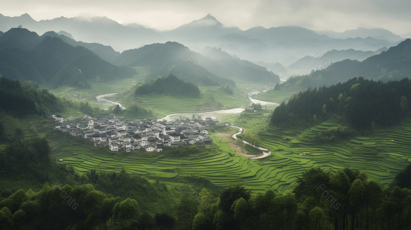 远离城市喧嚣的云雾缭绕的大山深处的小山村,高清,摄影图,摄影图片,图片大全,摄影图免费下载